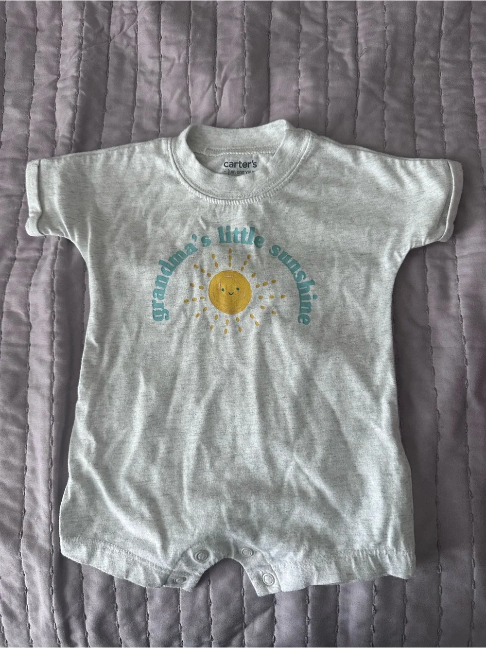 Carter's Light Gray Baby Romper with Yellow Sun and Teal Text